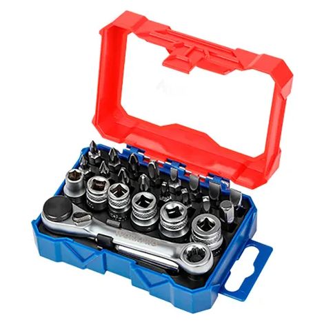 Mini-Ratsche, 24-teiliges Bit-Set und 1/4"-Steckschlüssel