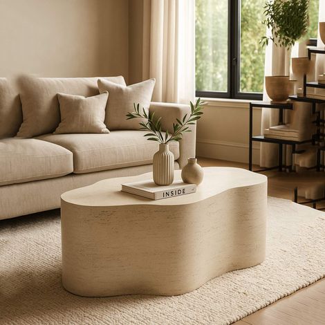 Mesa de Centro Sefrou, Ideal para Interior/exterior, Efecto Piedra, Forma de Nube, Estante Blanco, 62x48x100h cm Blanco Crema (1/5)