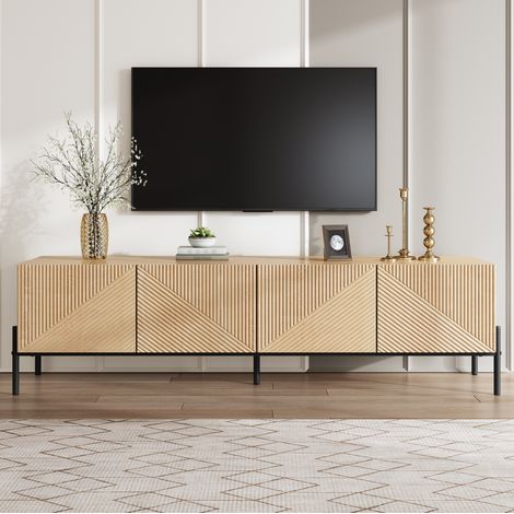 Mobile TV in MDF color naturale 163,5x40x45 cm con 4 ante, texture 3D, gambe in metallo nero e apertura push-to-open (1/5)