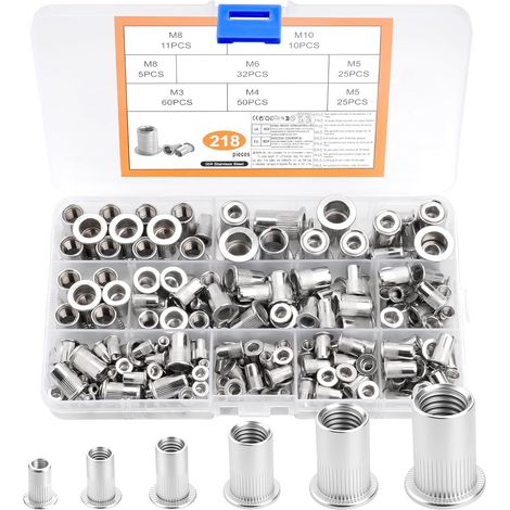 218 Pcs Insert Fileté Metal, Ecrou a Sertir, écrous à Sertir à Tête Plate en acier inoxydable, manchons filetés pour plaques et tubes métalliques, M3 M4 M5 M6 M8 M10 (1/5)