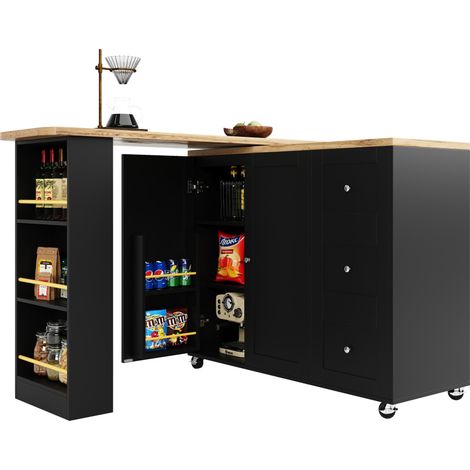 CHICFURN Isola da cucina con ruote 203x39x106 cm in MDF nero con 3 cassetti (1/5)