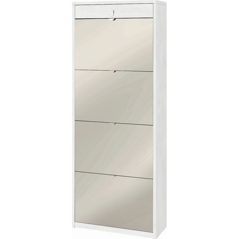 Zapatera de 4 puertas con espejo y 1 cajón, 63L x 29P x h164 – Acabado Blanco Mate – Sarmog