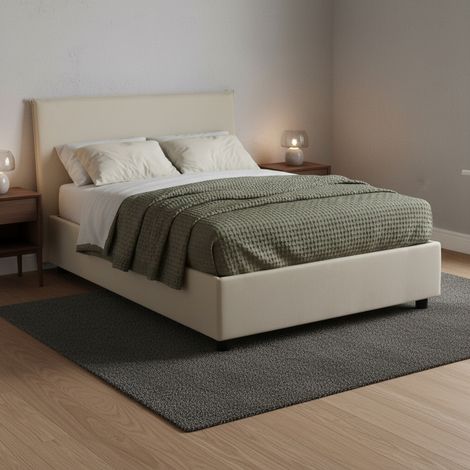 Dmora - Cama de plaza y media Dacer, Cama contenedor con revestimiento de tela, 100% Made in Italy, Apertura frontal, adecuado para colchón Cm 120x190, Beige (1/5)