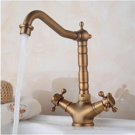 Robinet de lavabo salle de bain à deux poignées en bronze vieilli, mitigeur eau chaude et froide monotrou pour cuisine et WC, finition antique, modèle A. (1/4)