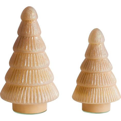Set of 2 Decorative Figurines Beige Glass Christmas Trees Festive Decoration Handmade 2 Different Sizes FLAREN (1/5)