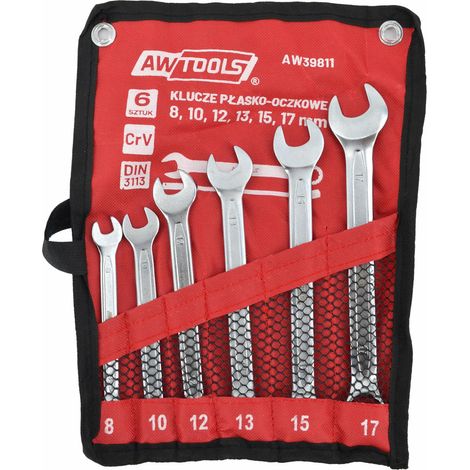 Juego de llaves combinadas 6 piezas 8-17mm AWTOOLS, herramienta profesional, acero endurecido, doble boca abierta y estrella, ideal para mecánica y bricolaje.