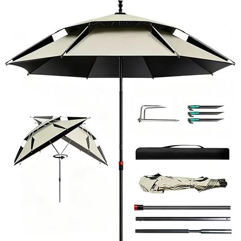 Parasol de plage résistant au vent stable, parapluie de pêche, rotation libre à 360°, nervures en fibre de verre épaissies, protection UV isolation thermique, design double couche respirant (1/5)