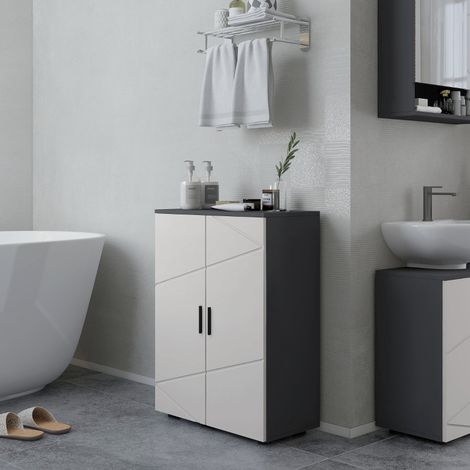 Badschrank Holz Grau 60 cm mit 2 Türen und verstellbaren Einlegeböden