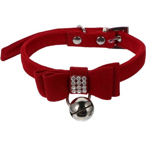 Collar para mascotas de terciopelo rojo, ajustable con diamantes de imitación para gatos. (1/5)