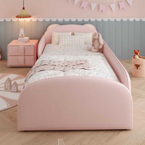 Lit d'enfant 90 x 200 cm, avec table de chevet assortie, bordures rembourrées souples et couleur rose (1/5)