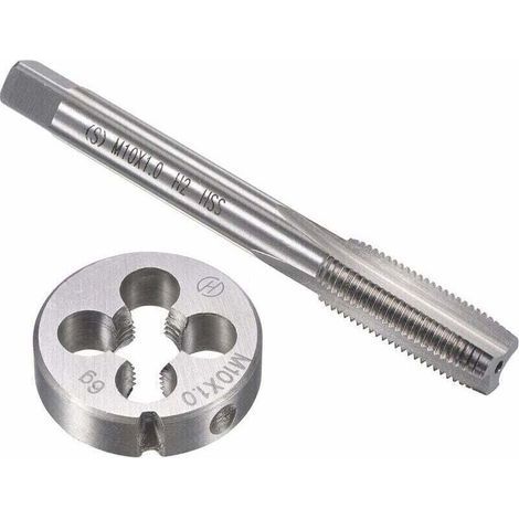 Gewindebohrer- und Schneideisensatz. Satz metrischer Gewindebohrer und Schneideisen M10 x 1 mm, HSS-Maschinengewindebohrer mit rundem Schneideisen aus legiertem Werkzeugstahl. (1/4)
