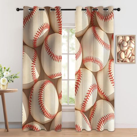 Rideau Occultant Baseball - Décoration Baseball, Rideau Thermique Motif Jeu de Ballon Sport, Lot de 2 Rideaux Opaque à Oeillets pour Fenetre Chambre Salon Chambre Enfant, 140x160 cm (LxH) - 2x L 140 X (1/5)