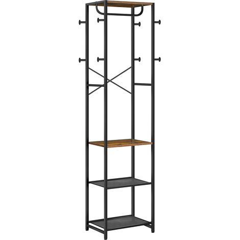 Meuble d’Entrée, Porte-Manteaux avec Étagères à Chaussures, Étagère de Rangement 2-en-1, Meuble d’Entrée avec 3 étagères, 8 Crochets et Tringle, Marron Rustique et Noir EBF04YM01 (1/5)