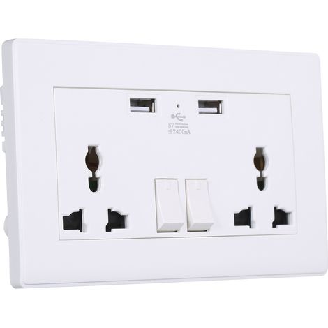 Prise murale universelle double avec 2 ports USB, chargeur haute qualité 2400 mA, prise multifonctionnelle à trois trous