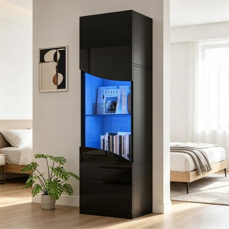 Vitrine brillant LED, meuble haut de rangement 4 niveaux, 1 étagère en verre trempé, pour salon et chambre, 35x50x165 cm, noir