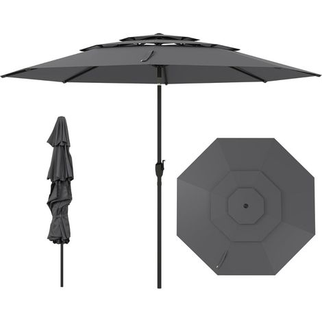 Parasol de Jardin 3 Étages Anti-Vent Gris 300 cm, Manivelle d’Ouverture, Inclinaison Réglable, Mât Métallique 8 Baleines, Toile Polyester Anti-UV pour Terrasse Balcon Piscine