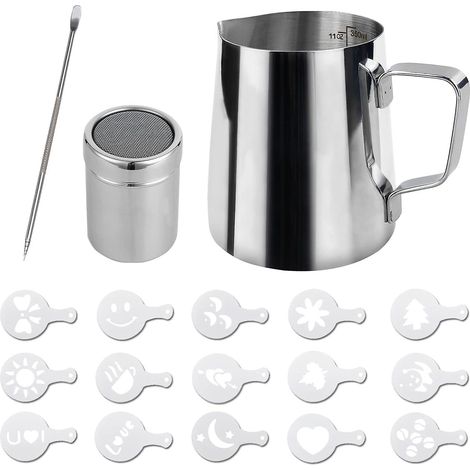 Ensemble pichet à lait en acier inoxydable avec stylo à latte art - 350 ml (12 oz) pour café cappuccino (1/5)