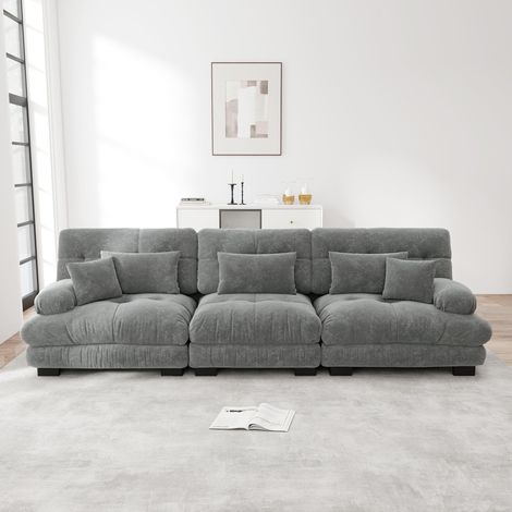 Canapé modulable 3 places en chenille gris, assise profonde, mousse haute résilience, accoudoirs rembourrés, 313 x 77 x 81 cm (1/5)