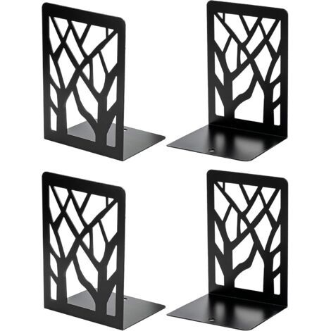 Serre-livres en métal robuste, motif arbre, pour livres et CD, décoratif pour la maison, 12 x 9 x 17,5 cm, noir, 2 paires/4 pièces (1/4)