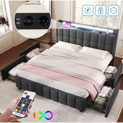 CHICFURN Cama con cajones 180x200 cm gris con USB, LED y 4 cajones, sin colchón (1/5)
