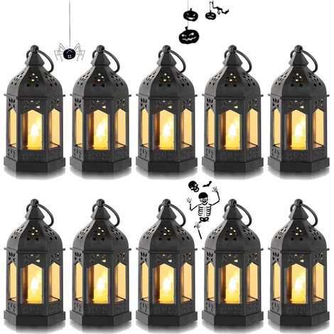 Mini Lanterne LED Exterieur - Lot de 10 Lanterne Bougie Noir Decorative Bougeoir pour Halloween, Ramadan, Mariage, Noel, Decoration de Table, Piles Incluses