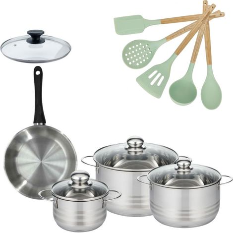 Lot Poêle 20cm avec couvercle et 3 Faitouts 16/20/24cm Fackelmann Généva avec 5 ustensiles de cuisine Océan (1/5)