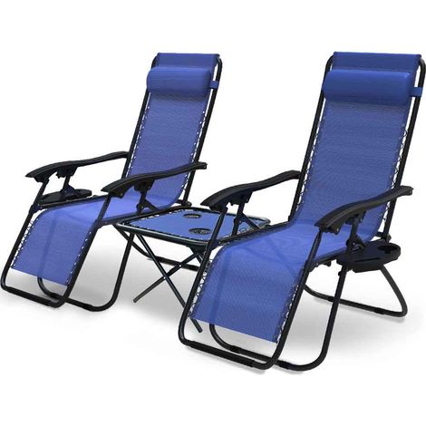 VOUNOT® 2er-Set Liegestuhl Klappbar mit Beistelltisch, Relaxstuhl Garten mit Getränkehalter und Kopfpolster, Blau (1/5)