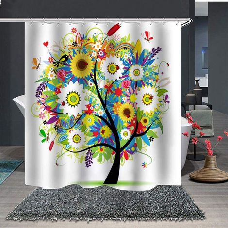 Tenda da doccia in tessuto 100% poliestere, impermeabile, antimuffa, con 12 ganci, motivo multicolore con alberi e fiori, 180 x 180 cm (1/5)