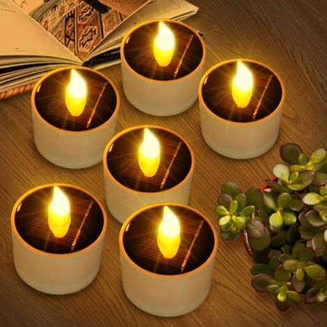 Irovami Bougies solaires chauffe-plat étanches d'extérieur - Lot de 6 pièces sans flamme, à effet scintillant, réutilisables, LED jaune (1/5)