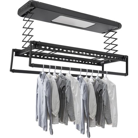 Séchoir à linge électrique pour montage au plafond, avec télécommande + éclairage LED, tringle à vêtements réglable de 130 à 215 cm, télécommande de 20 m, noir (1/5)