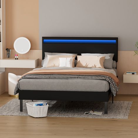 Randaco Cadre de lit Sommier à lattes 140x200CM Capacité de charge maximale 350 kg Tête de Lit simili cuir Éclairage LED avec télécommande