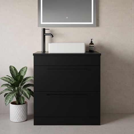 Napoli 390 Matt Black 800mm 2 Drawer Vanity Unit for Countertop Basins - 800mm - Matt Black 480mm Handle