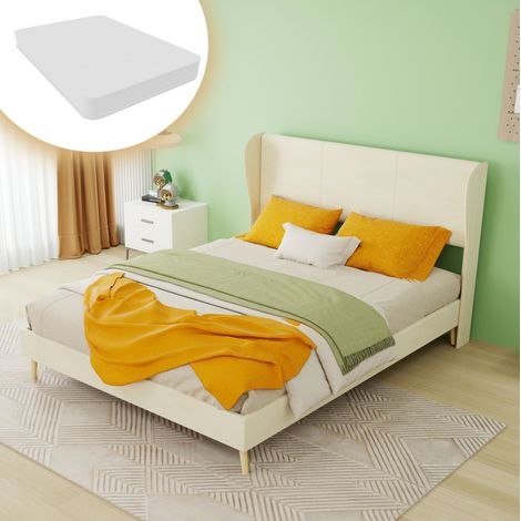 Lit moderne rembourré en tissu beige 140x200 cm avec tête de lit souple et matelas inclus