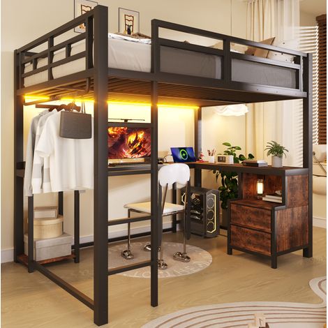 Lit mezzanine en métal 140x200 cm avec LED, USB, bureau intégré et rangements, noir (1/5)