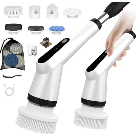Brosse Nettoyage Electrique, 7 en 1 Brosse Rotative Nettoyage IPX7 Étanche, 2 Vitesses et Manche Réglable pour Salle de Bain, Cuisine (Blanc) (1/5)