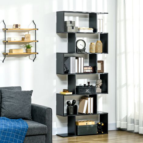Libreria a zigzag, design contemporaneo, 80L x 23W x 192H cm, 6 ripiani, nera (1/5)