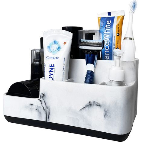 Porte-brosses à dents, organisateur de salle de bain amovible, rangement multifonctionnel à 5 compartiments pour maquillage, articles de papeterie, crayons, dentifrice, brosses à dents, rasoir, marbre (1/3)