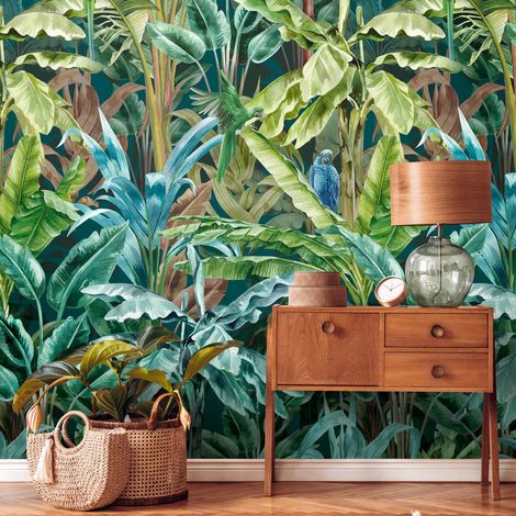 Fototapete Profhome 391861 heißgeprägte Vliestapete glatt mit Dschungel-Design matt grün türkis-blau gelb-oliv braun-beige 1,59 m x 2,8 m