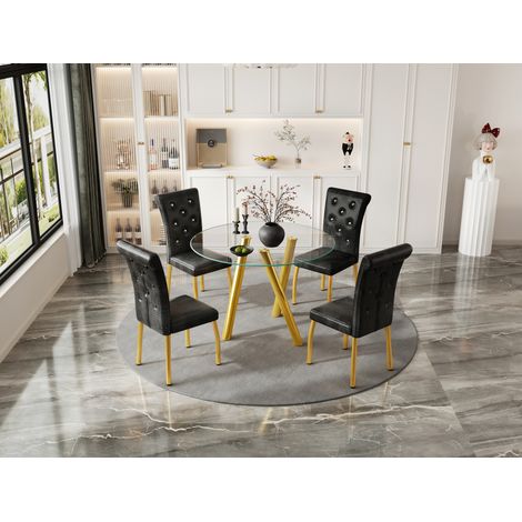 Juego de comedor de 5 piezas, diseño elegante con detalles de botón de cristal, metal negro (1/5)
