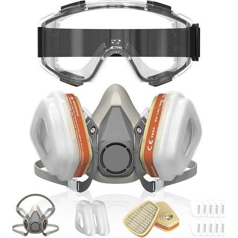 Masque de protection avec lunettes de sécurité et 10 filtres pour la peinture, la résine époxy, le bricolage, le ponçage, le soudage, la protection contre la poussière et les gaz (1/4)