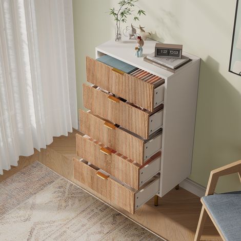 Commode 5 Tiroirs ,armoire 60x34x109.8 cm,Meuble De Rangement en Bois,Coiffeuse,poignées et pieds en métal,Meuble De Couloir,couleur bois naturel et blanc (1/5)