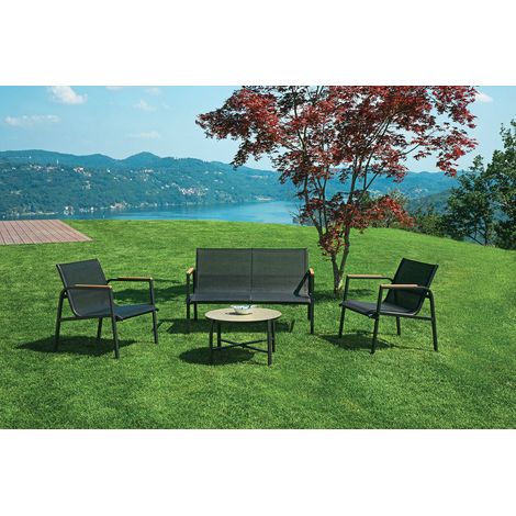 Set Salotto da Giardino Divano 2 Poltrone e Tavolino Tarquinia in Ferro e Textilene Antracite (1/5)