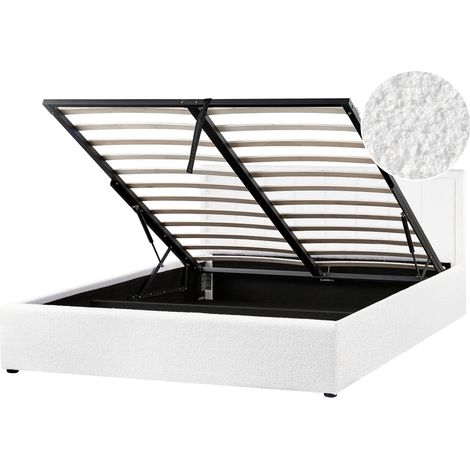 Cama con almacenaje elevable tapizada de bouclé blanco 160 x 200 cm Montlaur