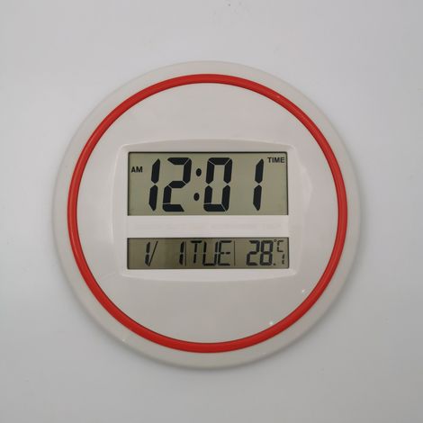 SHINING HOUSE Réveil électronique rond, grand écran LCD, horloge murale silencieuse, horloge de bureau, affichage heure/réveil/date/semaine/température