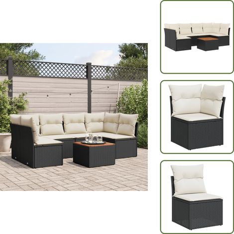 7-tlg. Garten-Sofagarnitur mit Kissen Schwarz Poly Rattan - Gartenmöbel Set - PE-Rattan Möbel - Outdoor Sofa - Esstisch - Lounge Set (1/5)