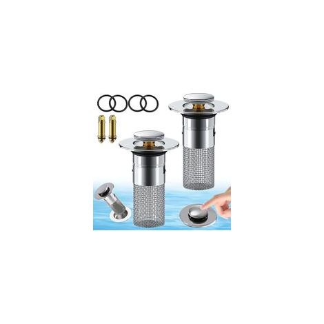 Lot de 2 Bouchons de Vidange Pop Up 34 40mm Acier Inoxydable 304, Avec Filtre Anti Bloqué, Idéal pour Lavabo et Baignoire