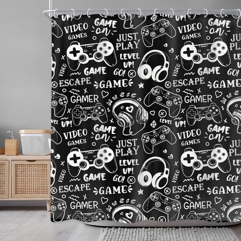 Rideau de Douche pour garçon, 183 x 183 cm, Motif Manette de Jeu Graffiti, Noir et Blanc, Ensemble de Rideau de Douche imperméable pour décoration de Bain, Accessoires de décoration (1/5)