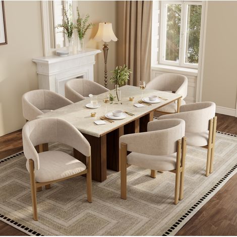 Lote de 6 sillas de comedor con reposabrazos, metal, lino, efecto madera natural (1/5)