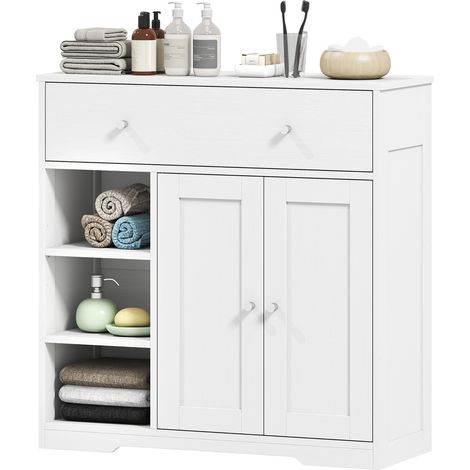 Meuble de Salle de Bain avec 1 Tiroir, 2 Portes, 3 Compartiments Ouverts, Style Scandinave, 80x30x80,2cm, Blanc (1/5)
