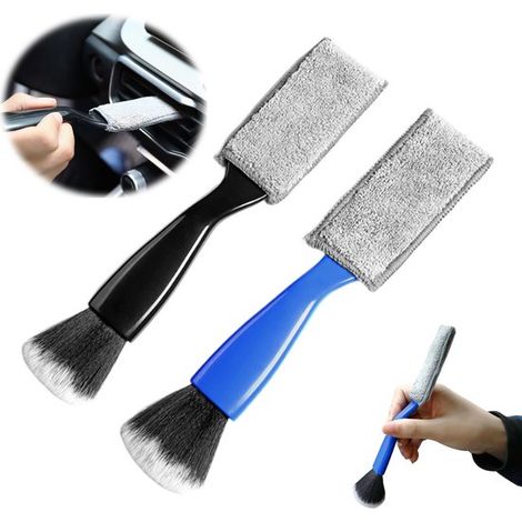 Lot de 2 brosses pour l'intérieur de voiture : brosse double tête, brosse pour les recoins, poils en nylon, brosse douce pour dépoussiérer, bleue et noire, 22 cm x 5 cm. Nettoyage précis de l'intérieu (1/5)